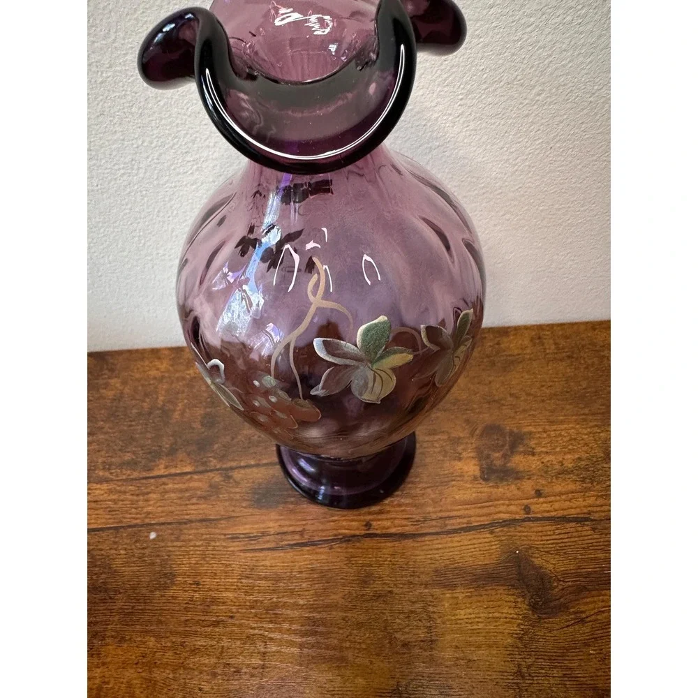 Hand Painted Amethyst Purple Glass Vase Signed by C Smith Ruffled Rim Floral